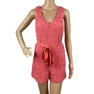 Buttons Romper Size M Pink Sleeveless Crochet Overlay Belted